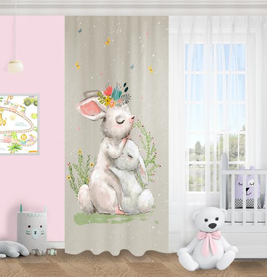 Sevimli Tavşanlar Çocuk Odası Fon Perde